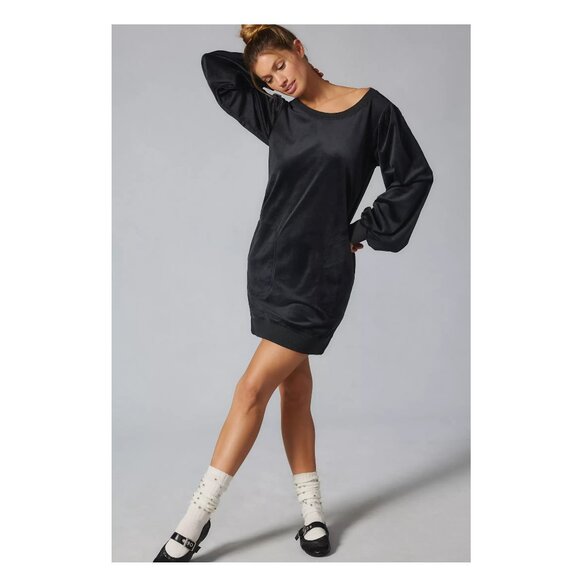 Anthropologie Daily Practice Velvet Puff-Sleeve Dress Black XS - Picture 6 of 11